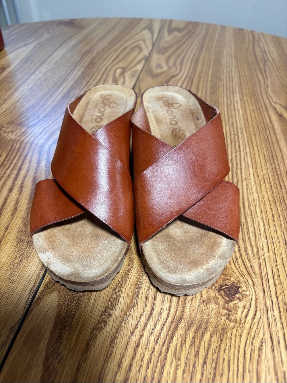 Yokono Cognac Leather Cross-Band Slide Sandals 8